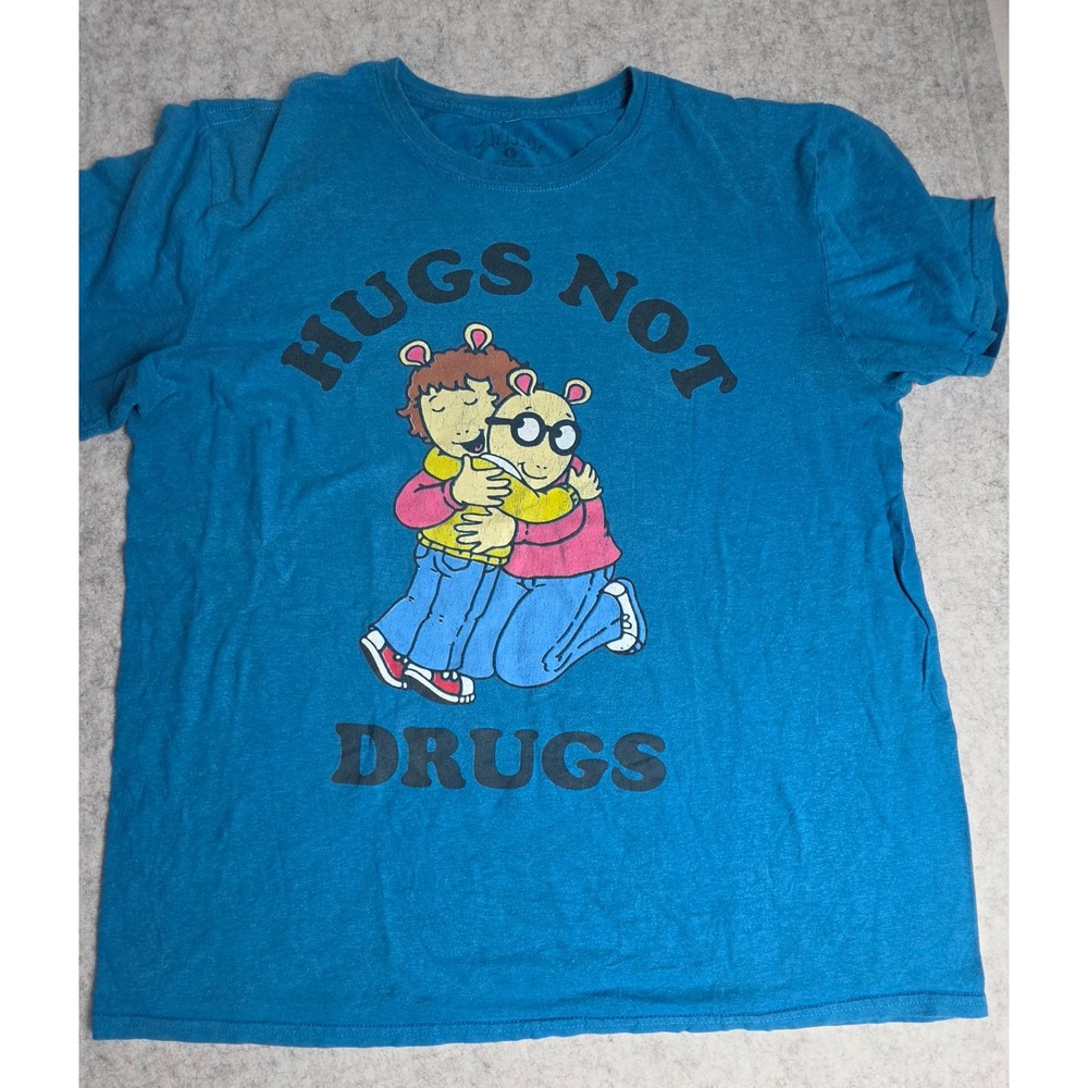 Arthur PBS Hugs Not Drugs Graphic T-Shirt Blue Mens Large Cartoon Francine Tee